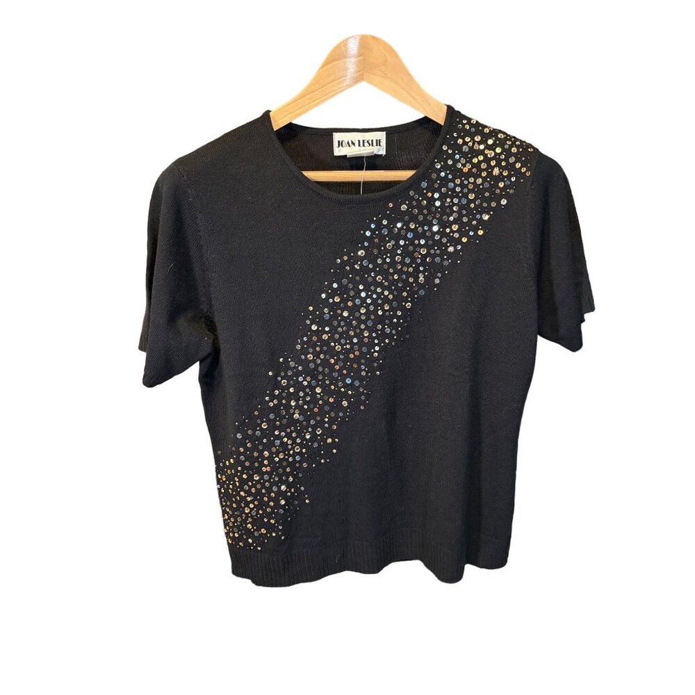 Joan Leslie Medium Black Knit Top Gold Sequin Embellishments NWT